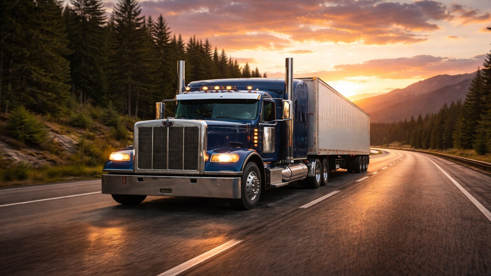 Semi truck on US highway at sunset